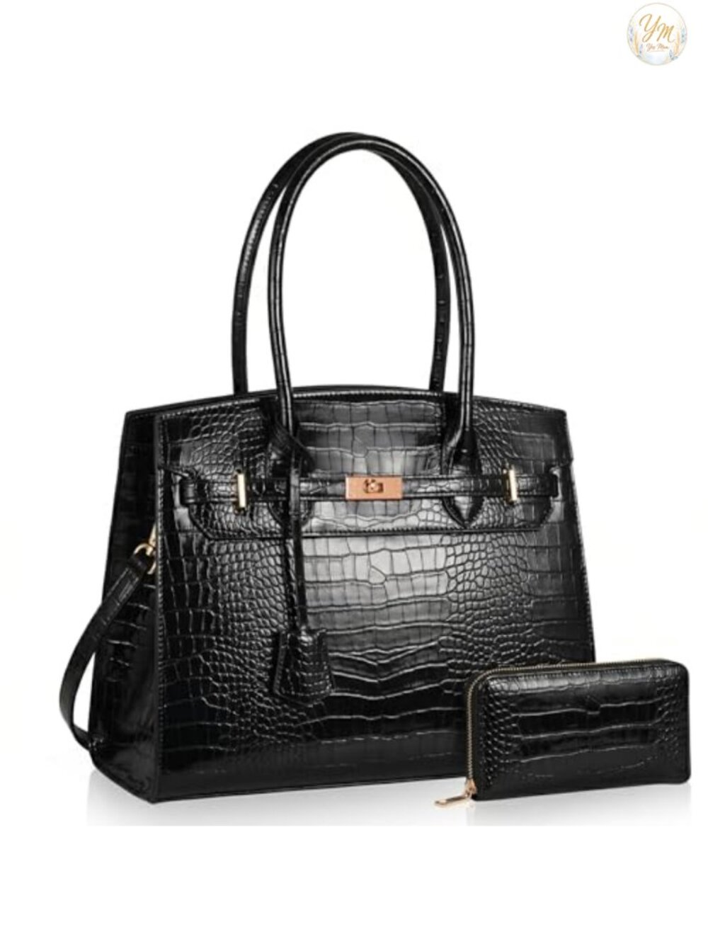 Vegan Leather Adjustable Strap Satchel Bag with Matching Wallet 2-Piece Set